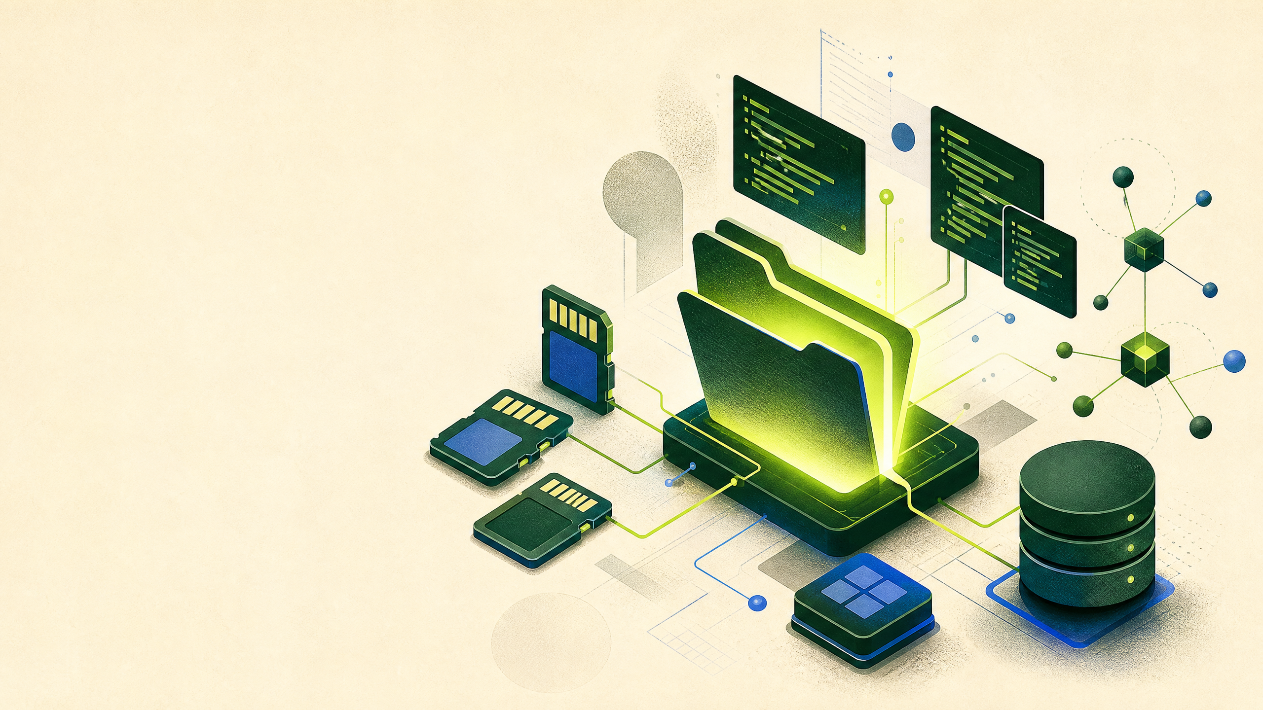 Abstract illustration of a repository connected to local memory cards and AI context