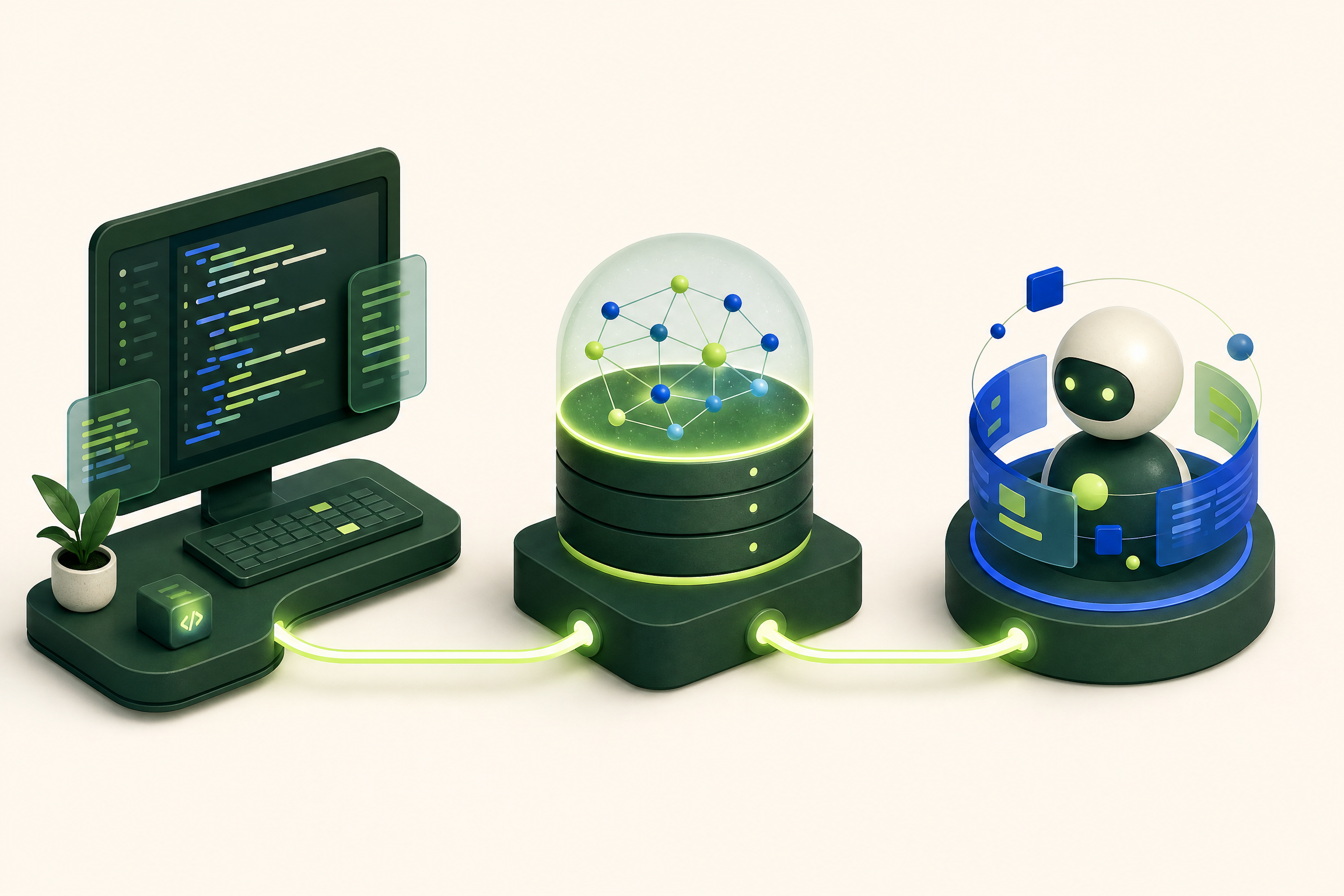Conceptual illustration of an AI coding agent, local repository memory, and returning context
